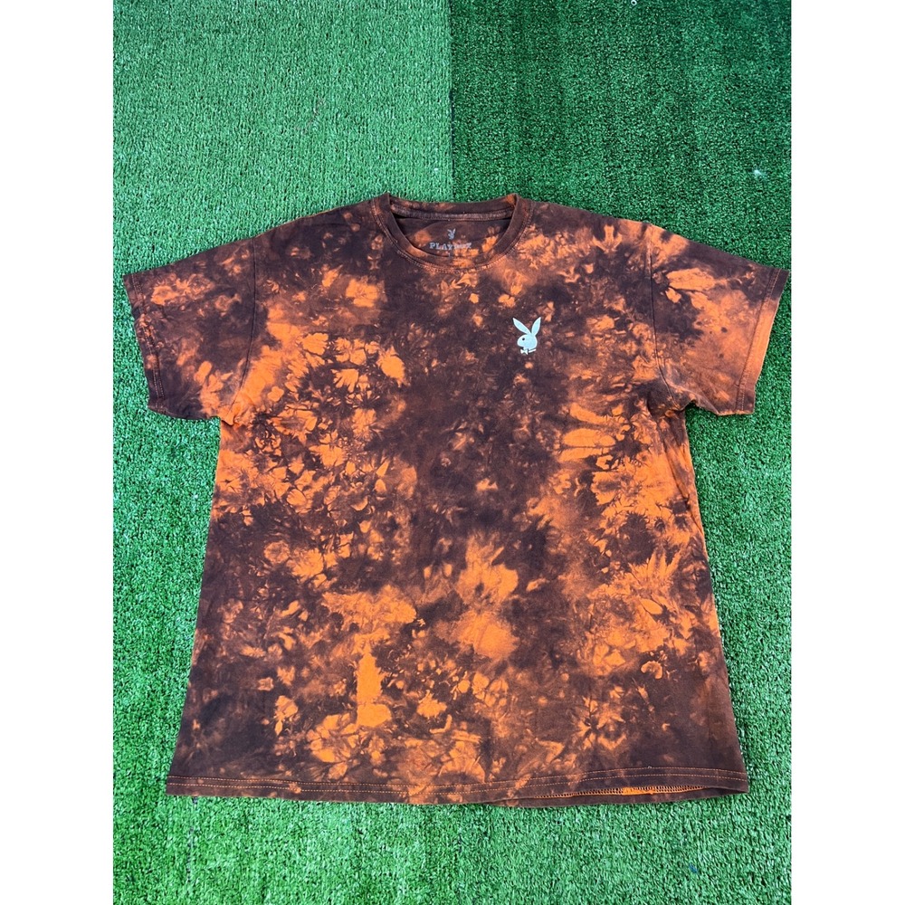 Playboy Mens Large Orange Brown‎ Tie Dye Graphic T-Shirt Bunny Logo